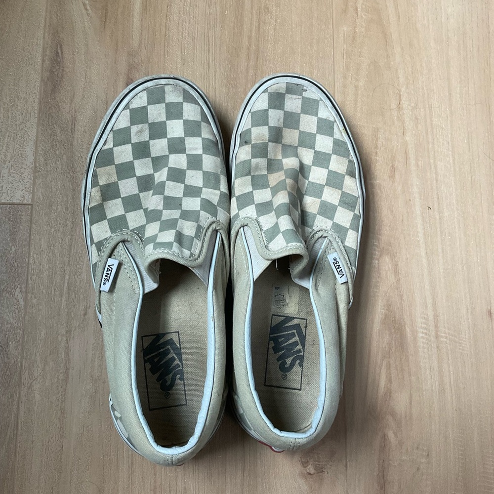 Vans Women's Sage Green Checkered Slip-On Sneakers